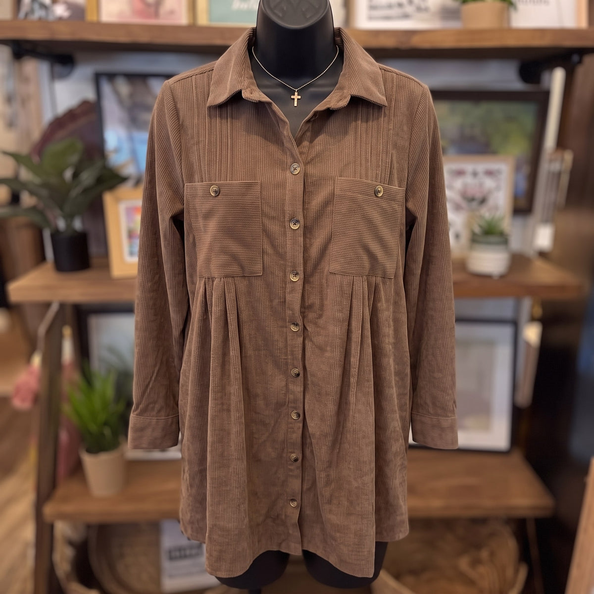 Corduroy Pintuck Detail Mini Shirt Dress | Mocha — Front view on mannequin