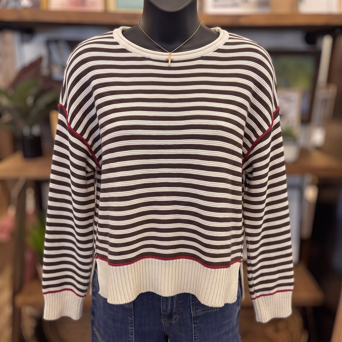 Stripe Raw Edge Knit Sweater | Ivory — Front view