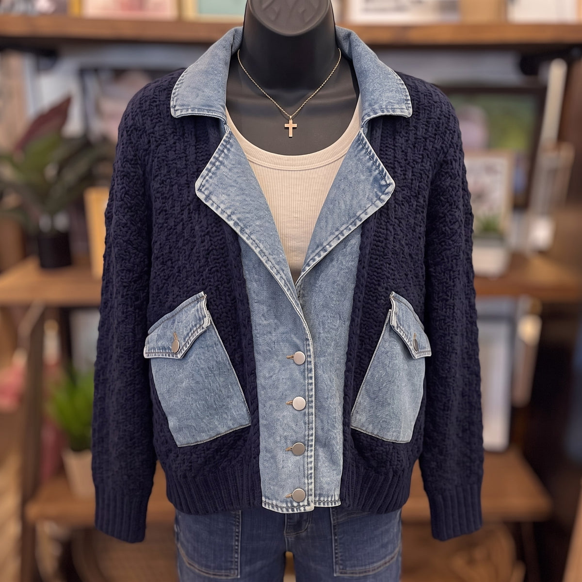 Cable Knit Denim Trim Jacket | Navy — Front view