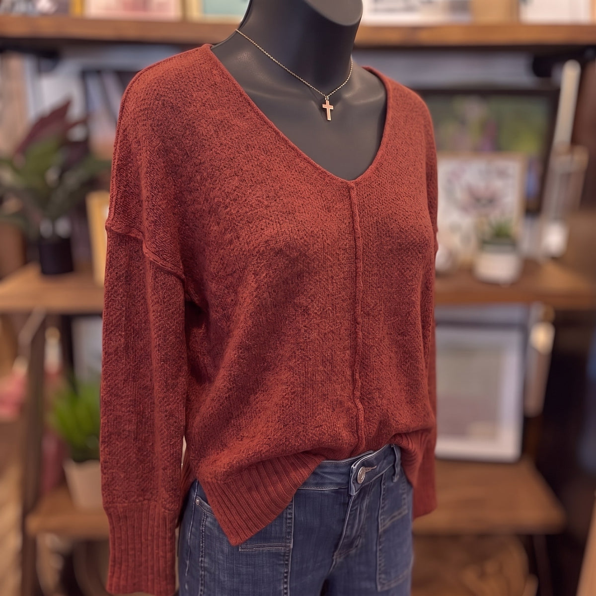 V-neck Center Seam Hi-low Sweater | Cabernet — Angled view