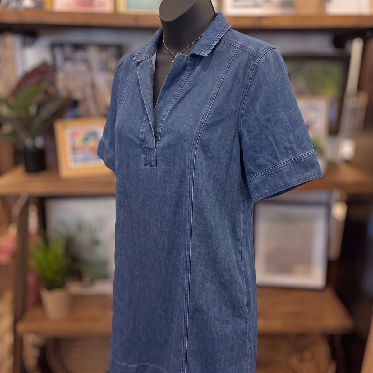 Lyocell Denim Short Sleeve Mini Shirt Dress | Medium Denim — Angled view on mannequin