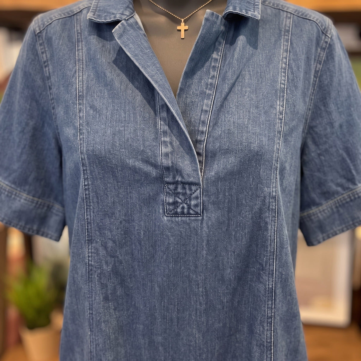 Lyocell Denim Short Sleeve Mini Shirt Dress | Medium Denim — Fabric and detail close-up