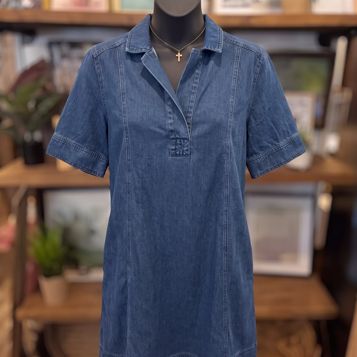 Lyocell Denim Short Sleeve Mini Shirt Dress | Medium Denim — Front view on mannequin
