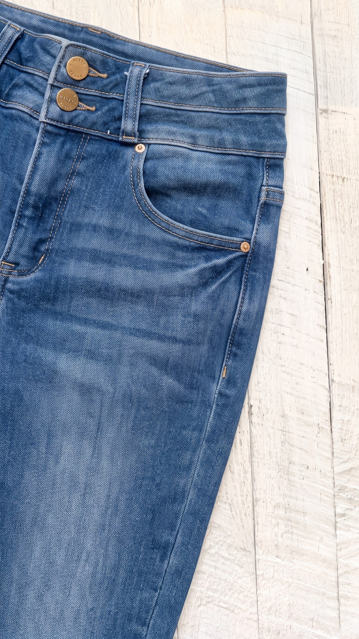 Risen High Rise Bootcut Double Waist Band Jeans | Medium — Front pocket detail