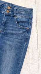 Risen High Rise Bootcut Double Waist Band Jeans | Medium — Front pocket detail