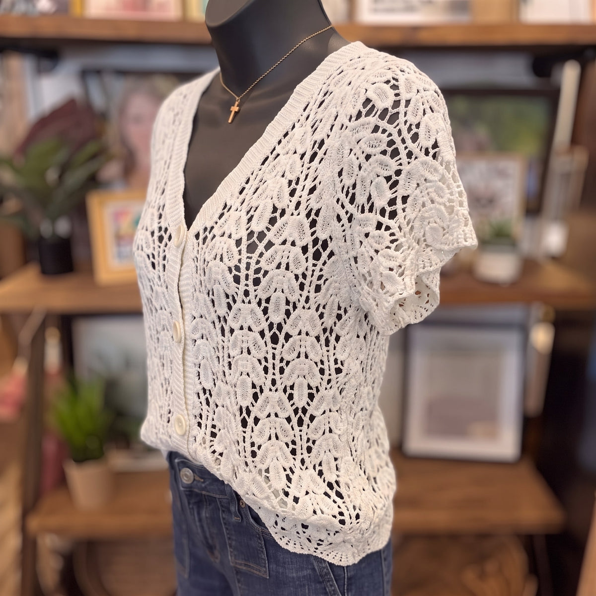 Crochet Short Sleeve Button Down Crop Cardigan | Natural — Angled view on mannequin