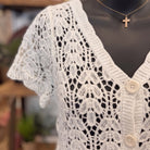 Crochet Short Sleeve Button Down Crop Cardigan | Natural — Fabric and detail close-up