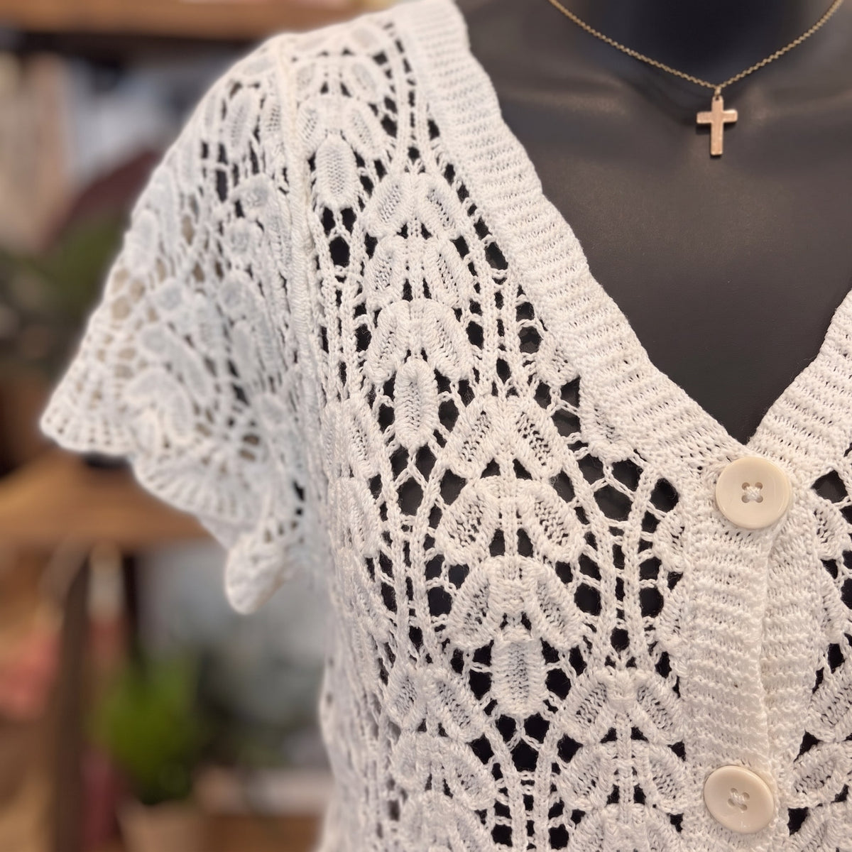Crochet Short Sleeve Button Down Crop Cardigan | Natural — Fabric and detail close-up