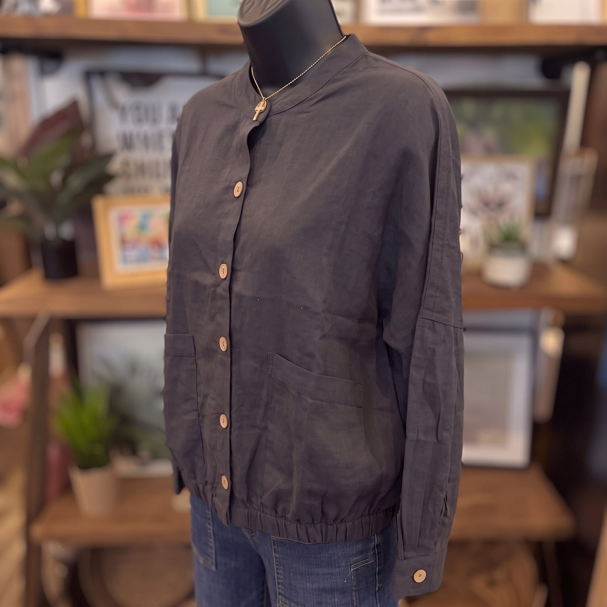 Light Buttondown Bomber Jacket with Front Pockets | Midnight — Angled view on mannequin