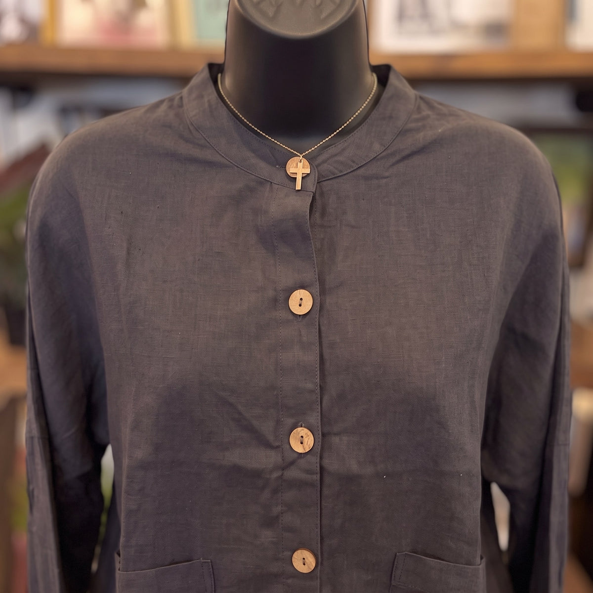 Light Buttondown Bomber Jacket with Front Pockets | Midnight — Fabric and detail close-up