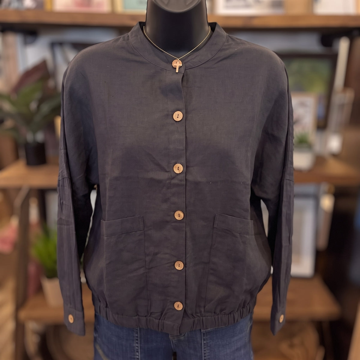 Light Buttondown Bomber Jacket with Front Pockets | Midnight — Front view on mannequin