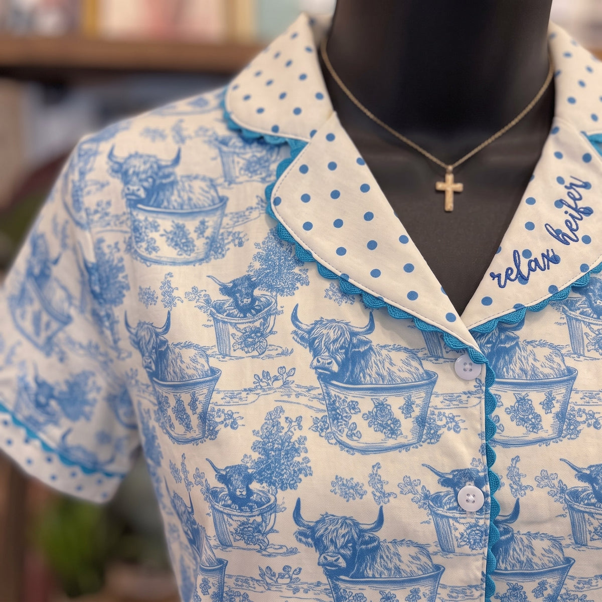 Farm Girl Luxe PJ Set | Highland Cow — Fabric and detail close-up