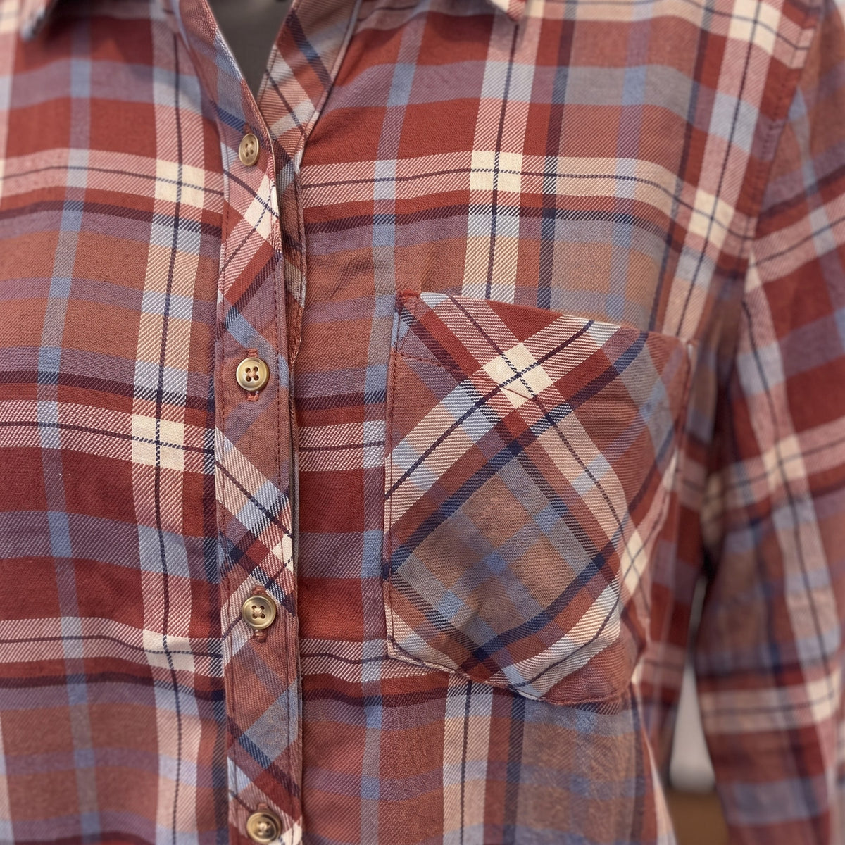 Be Cool Plaid Flannel Shirt | Sienna — Fabric and detail close-up