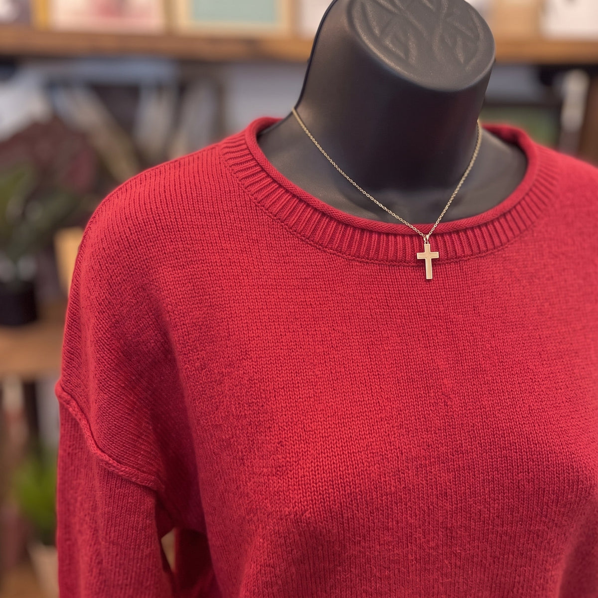 Boat Neck Relaxed Knit Sweater | Red — Detail close-up