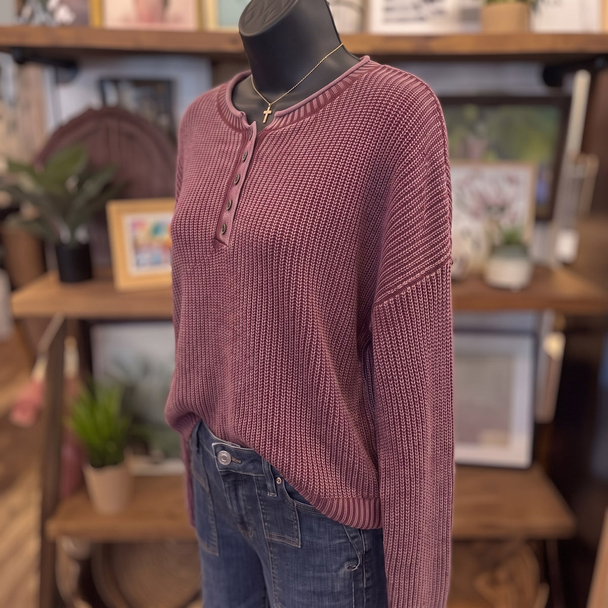 Washed Ribbed Henley Sweater | Burgundy — Angled view