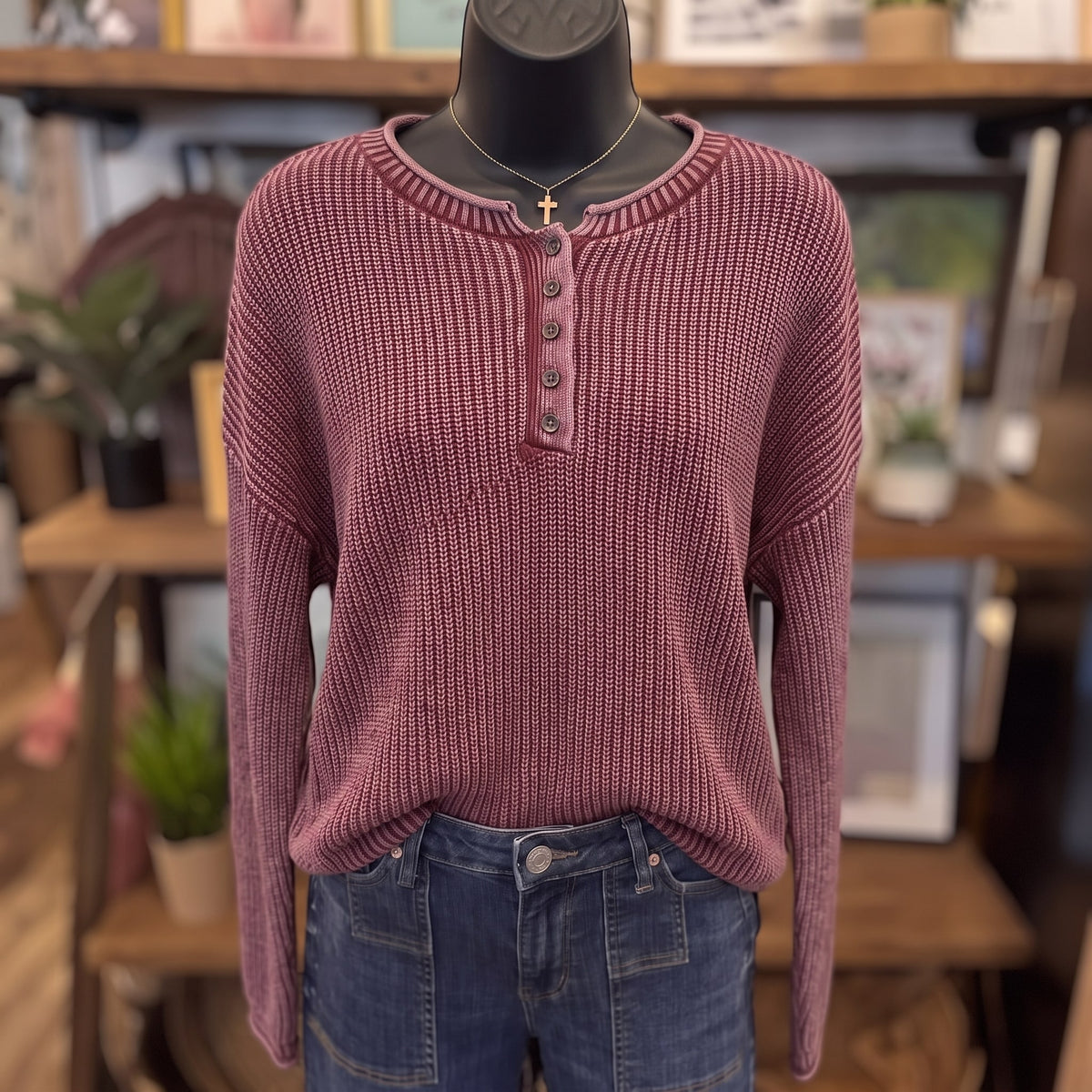 Washed Ribbed Henley Sweater | Burgundy — Front view