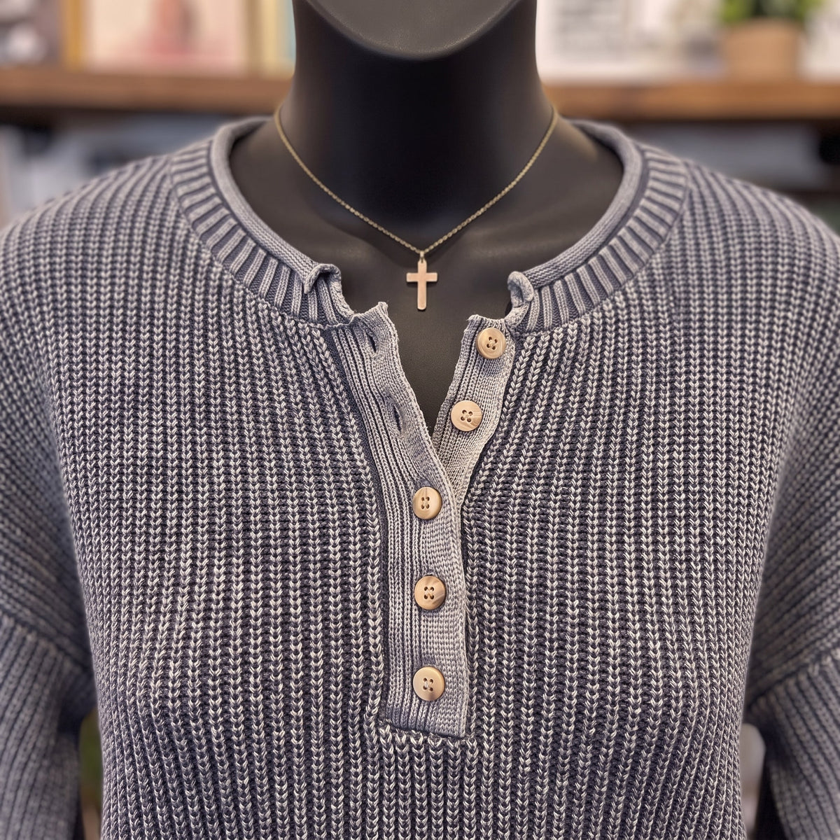 Washed Ribbed Henley Sweater | Indigo — Detail close-up