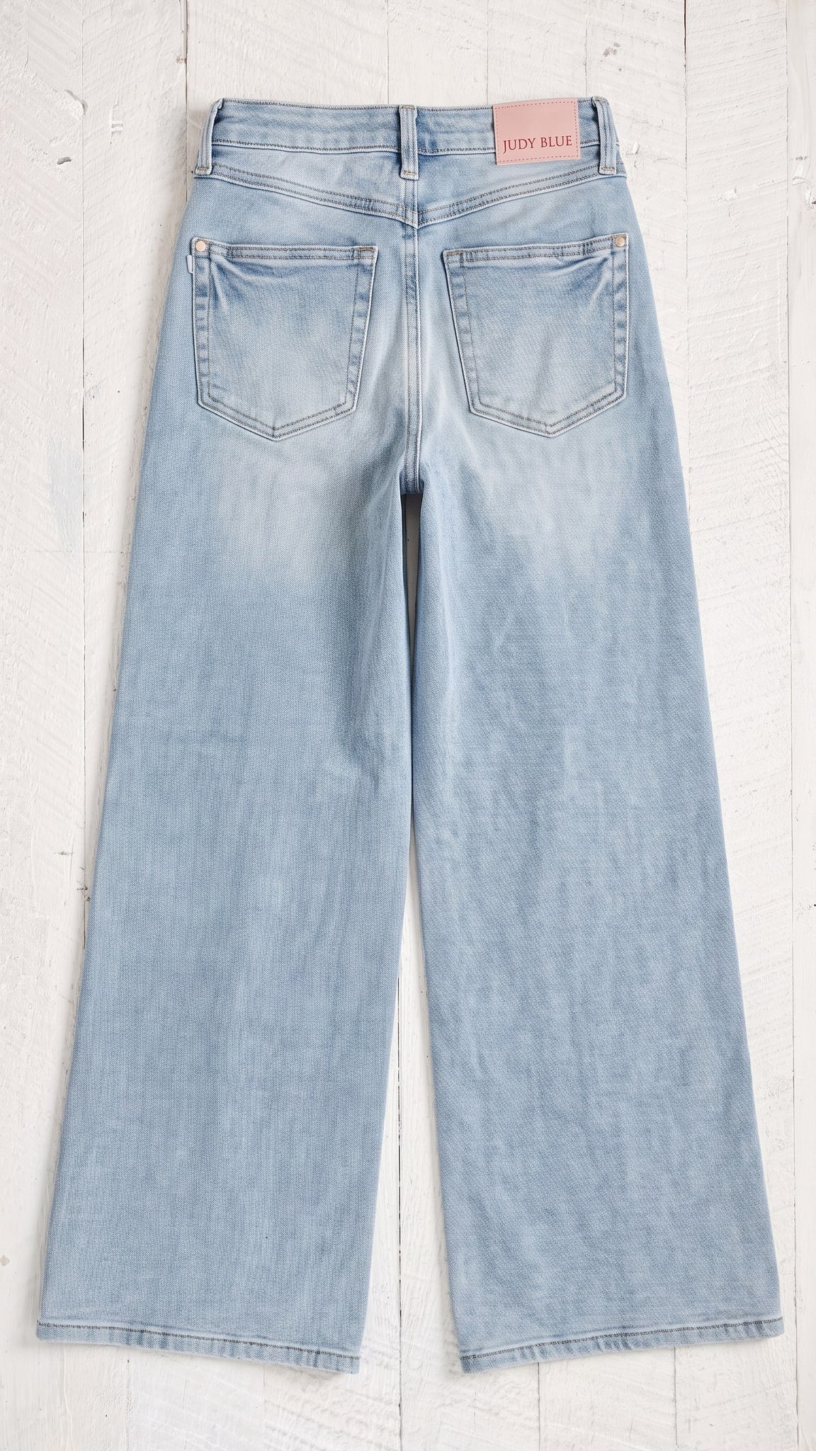 Judy Blue High Waisted Petite Retro Wide Leg with Curve Coin Pocket | Light — Back view