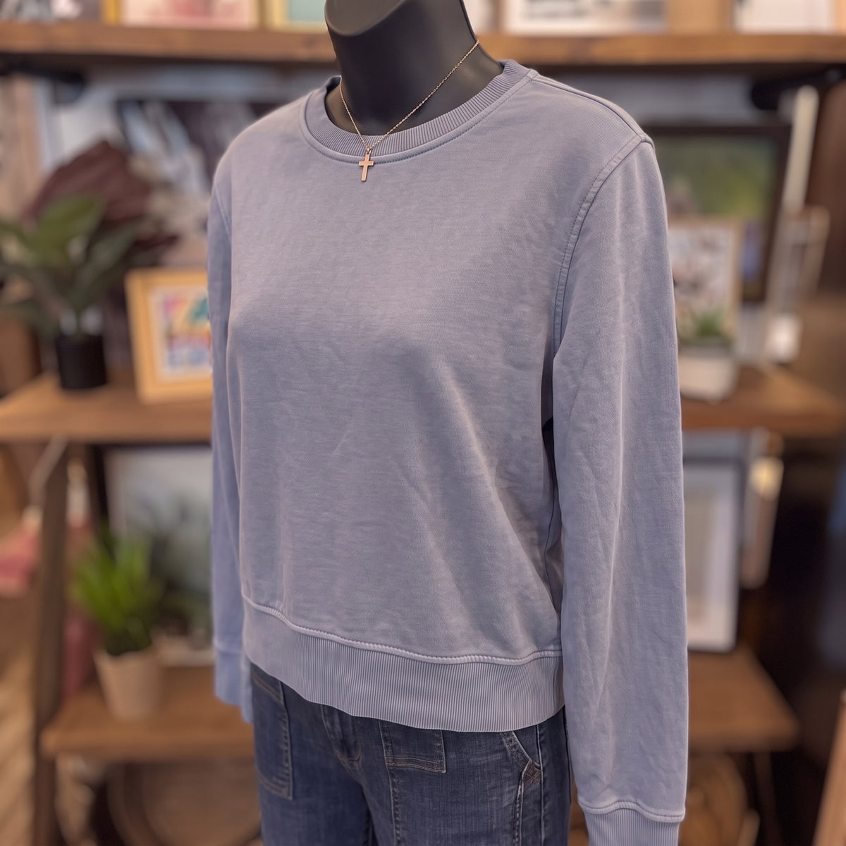 Be Cool Everyday Essential Lightweight Crewneck Top | Retro Blue — Angled view