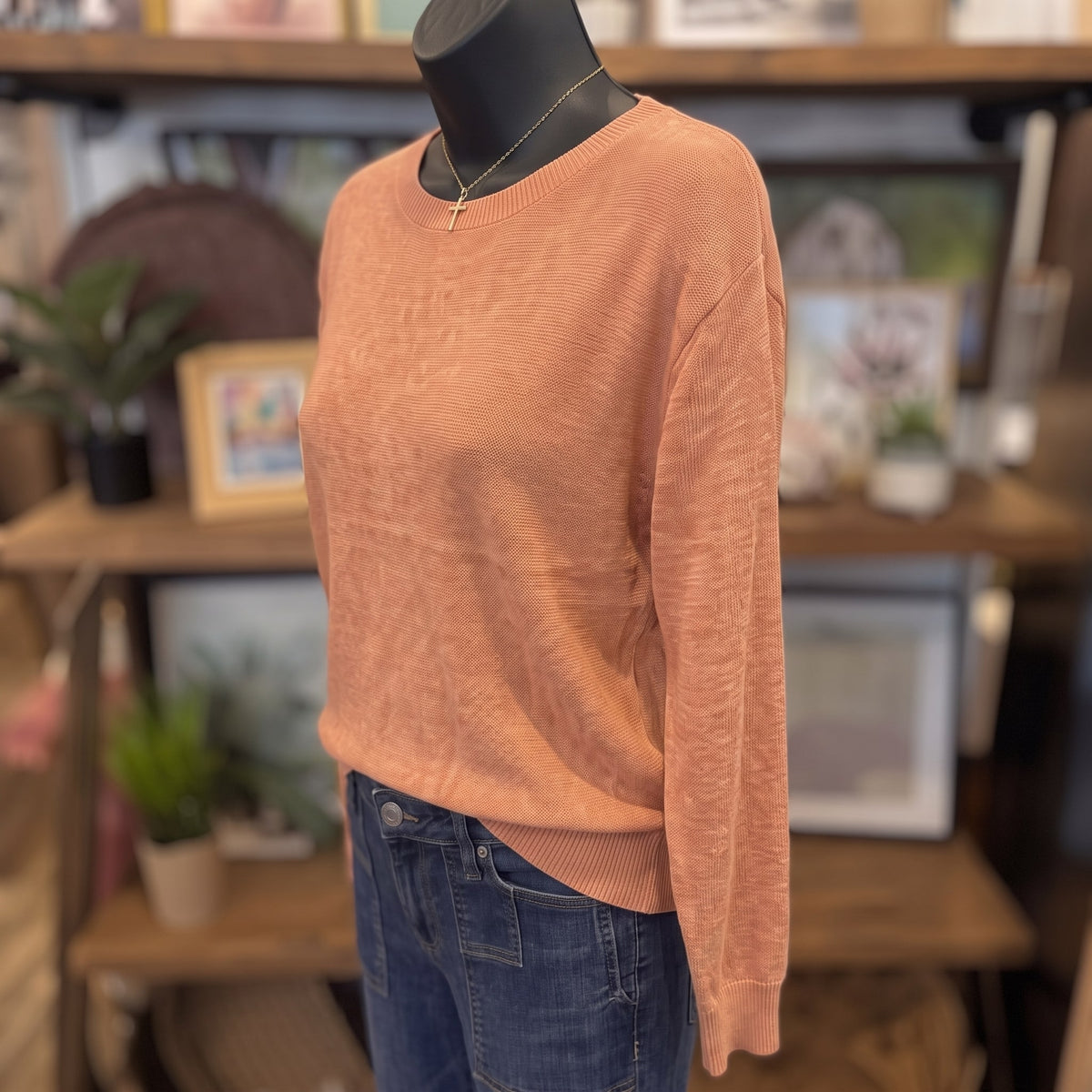 Be Cool Ultra Soft Dolman Sleeve Boat Neck Sweater Top | Peach — Angled view on mannequin