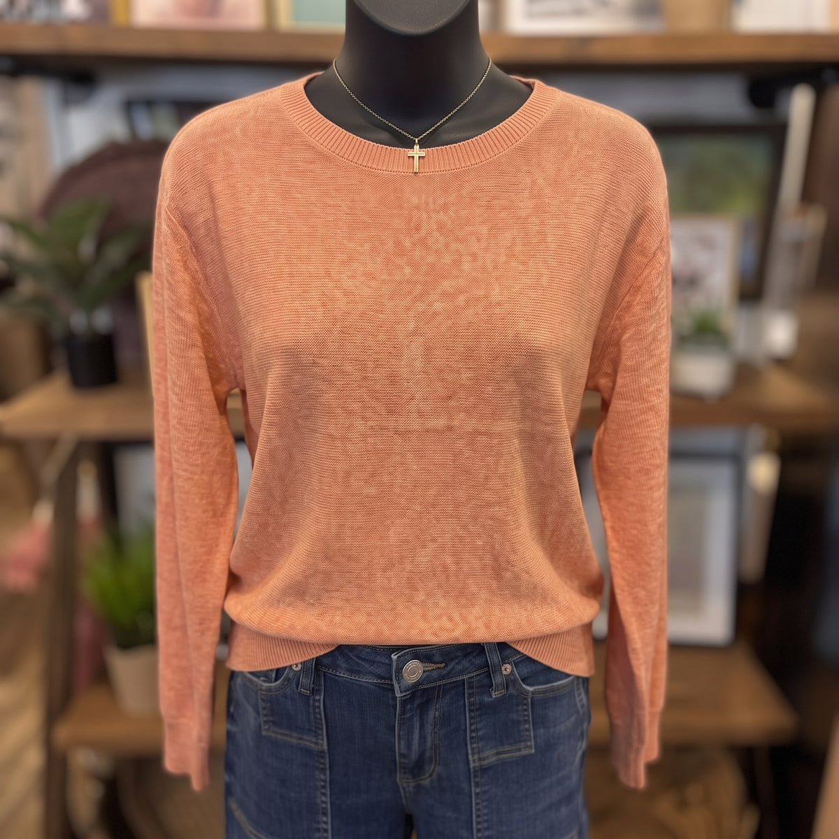 Be Cool Ultra Soft Dolman Sleeve Boat Neck Sweater Top | Peach — Front view on mannequin