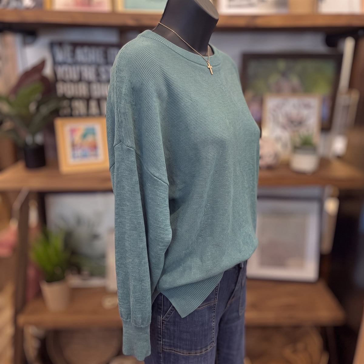 Be Cool Ultra Soft Dolman Sleeve Boat Neck Sweater Top | Teal Green — Angled view
