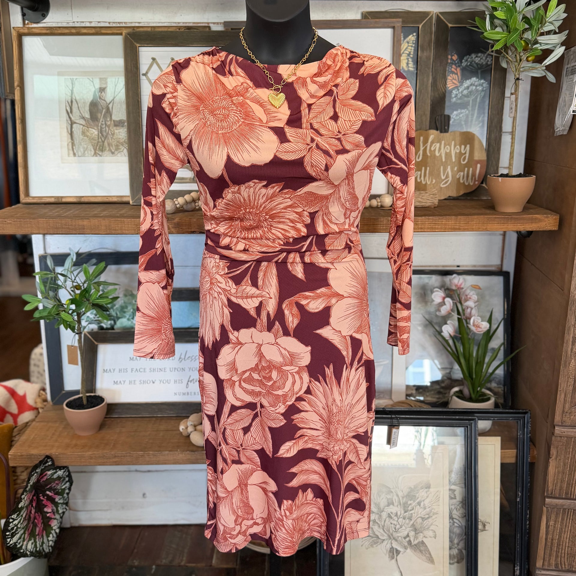 Cowl Neck Long Sleeve Floral Midi Dress