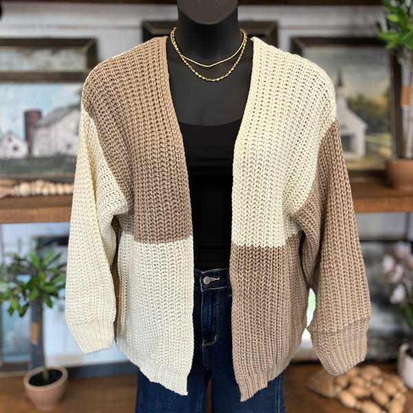 Color Block Long Sleeve Open Cardigan | Mocha Mousse – Rachel's