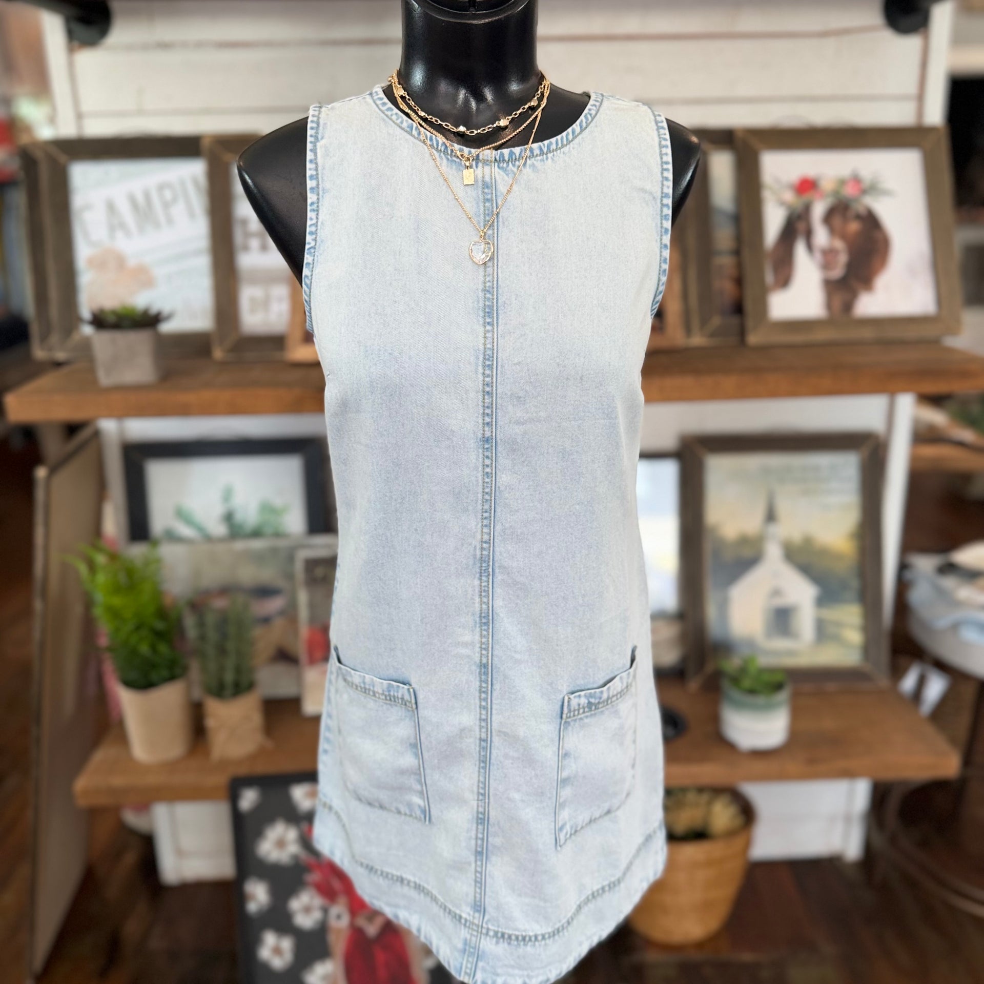 denim sleeveless dress women Sleeveless Pocket Detail Washed Denim Mini Dress