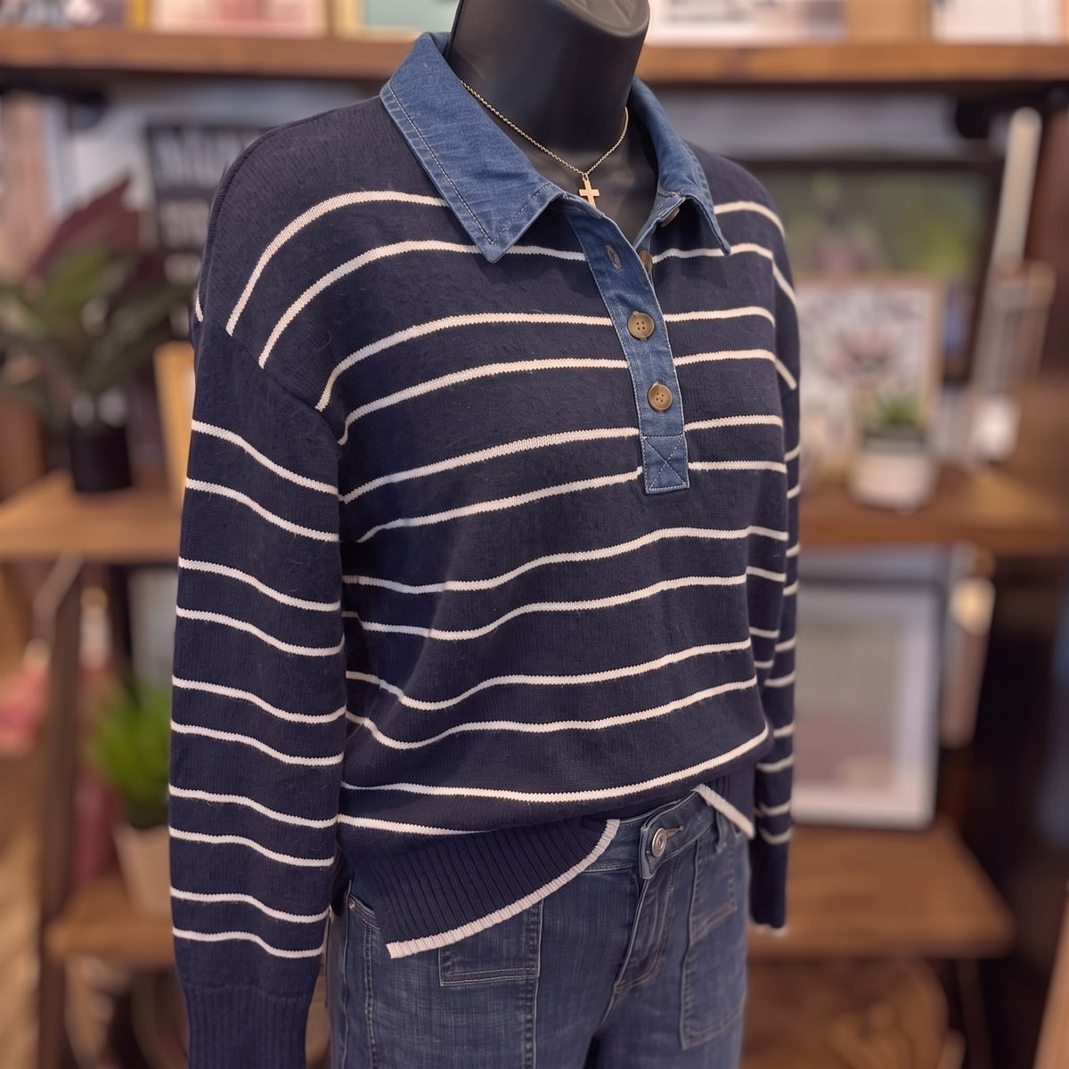 Everly Denim Collar Sweater | Navy — Angled view