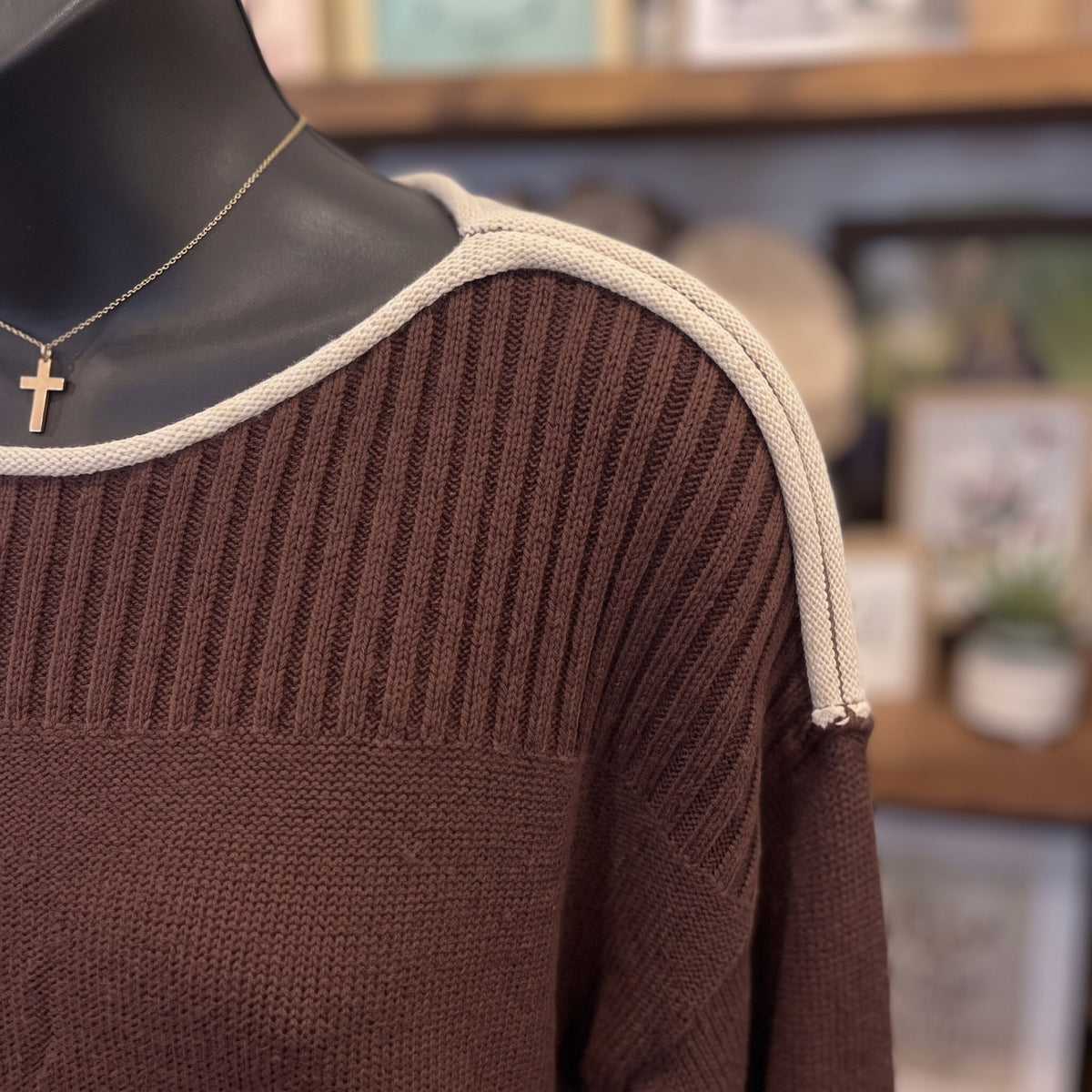 Marlowe Contrast Trim Sweater | Chocolate Brown — Detail close-up