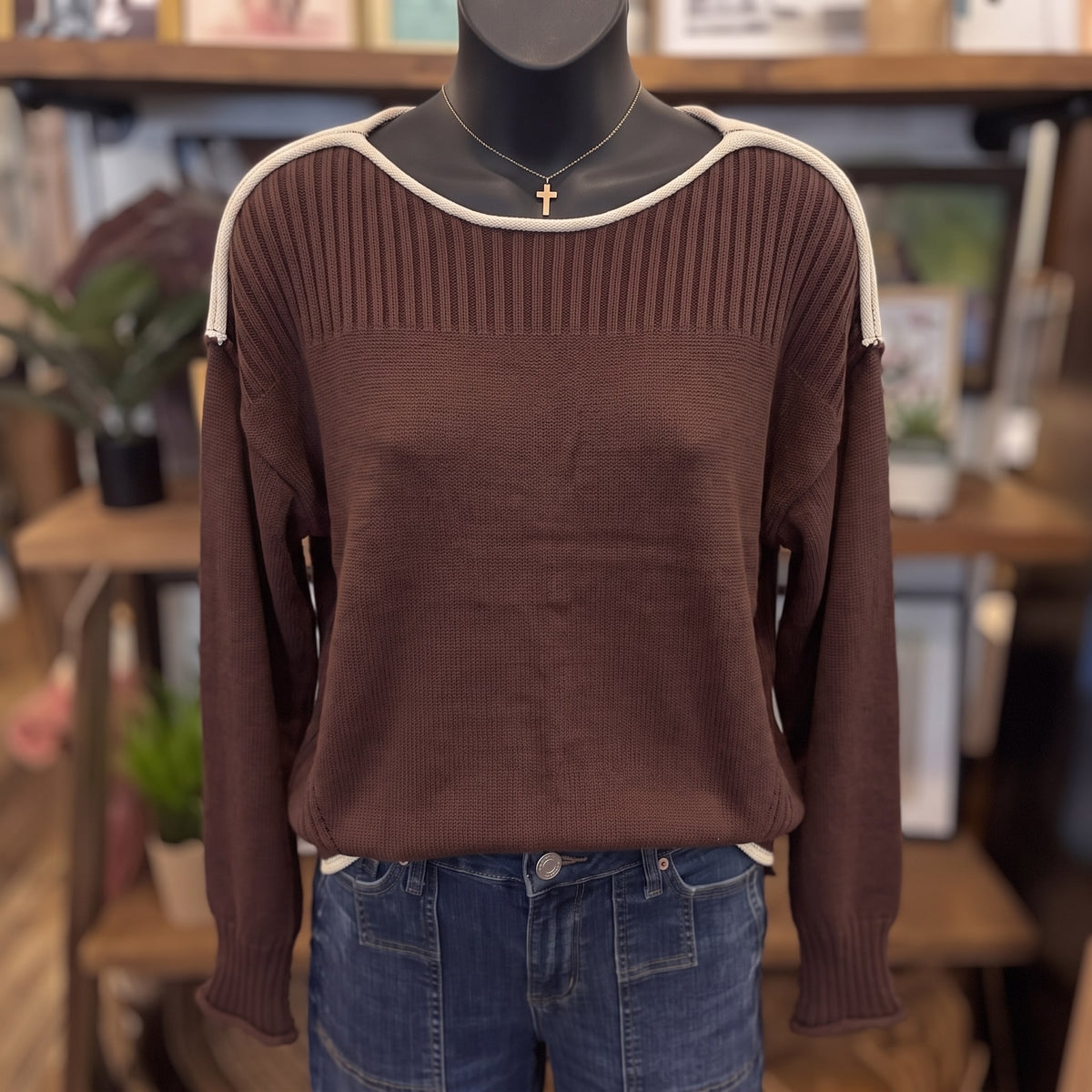 Marlowe Contrast Trim Sweater | Chocolate Brown — Front view