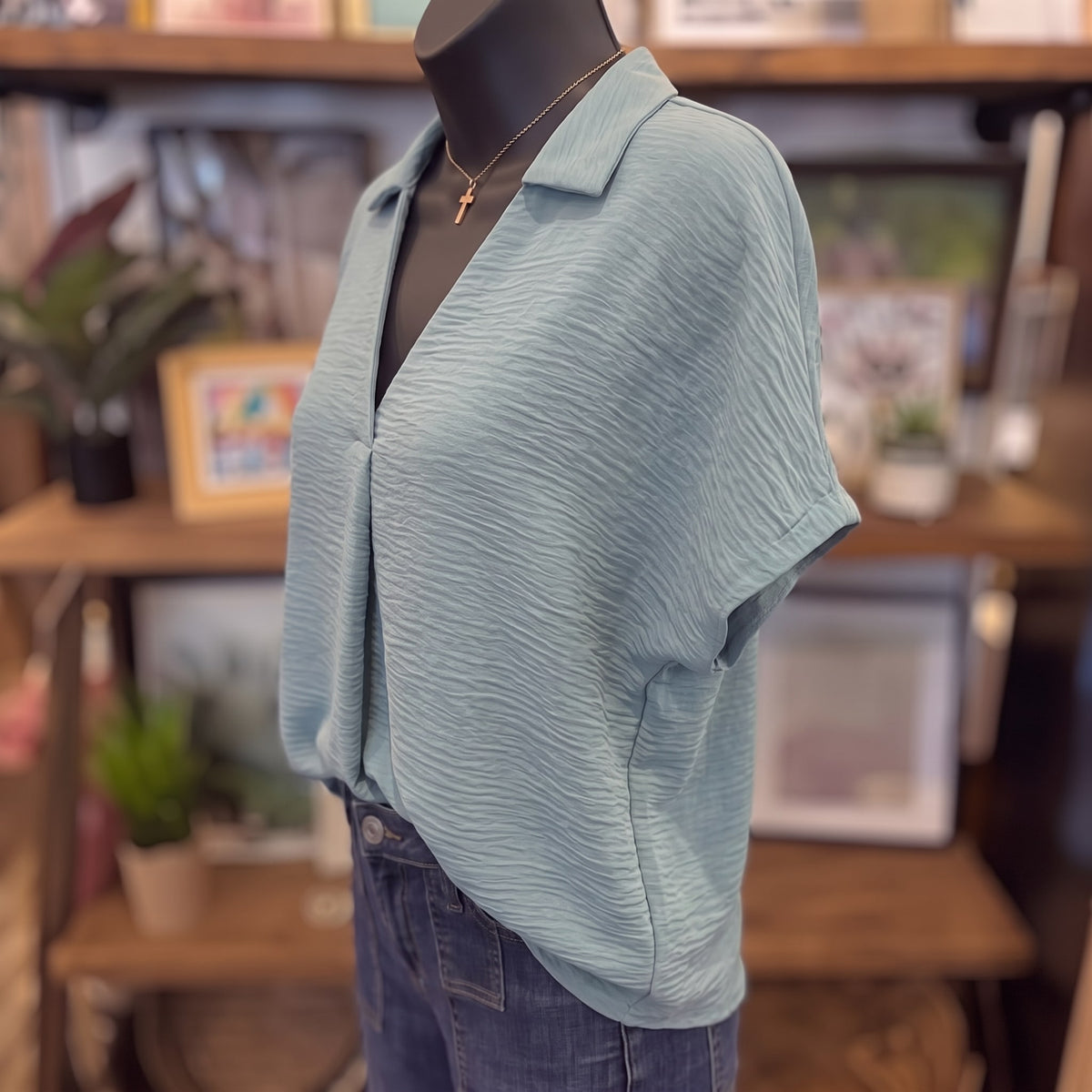 Woven Airflow Collared V-neck Short Sleeve Top | Dusty Teal — Angled view