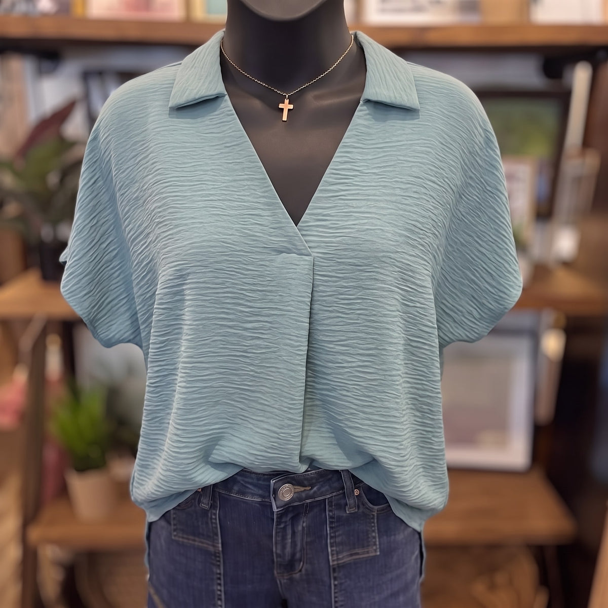 Woven Airflow Collared V-neck Short Sleeve Top | Dusty Teal — Front view