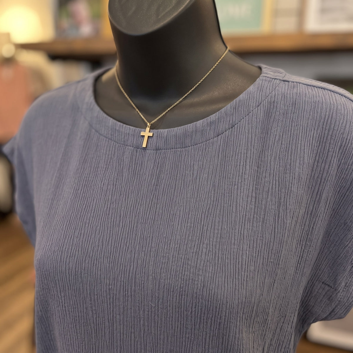 Crinkle Plisse Relaxed Top | Dark Denim — Fabric and detail close-up
