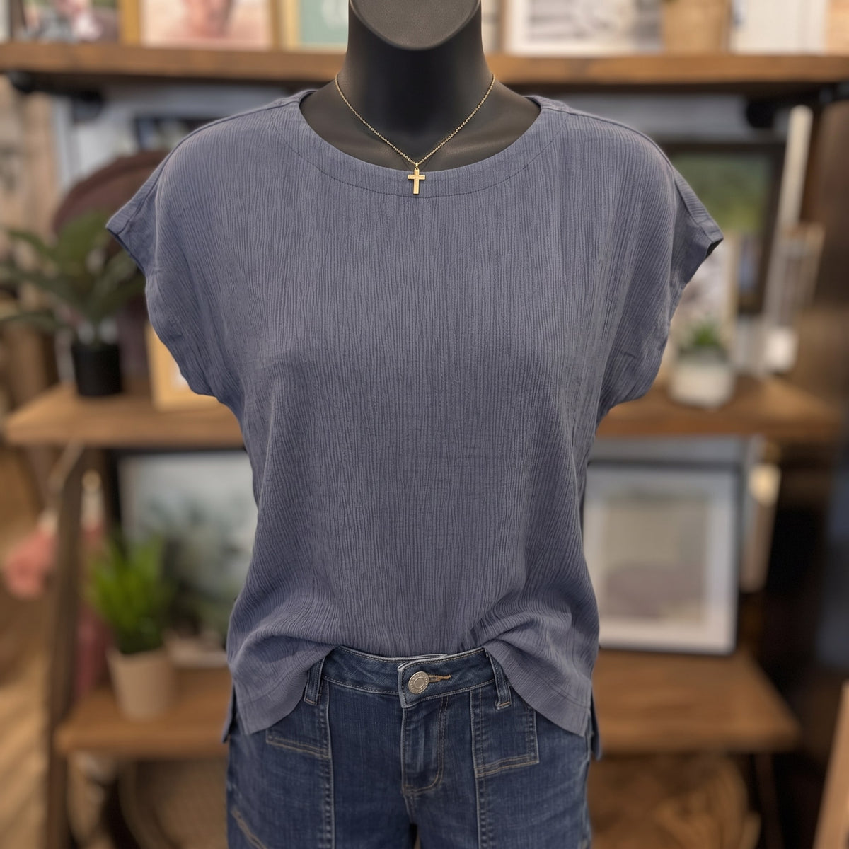Crinkle Plisse Relaxed Top | Dark Denim — Front view on mannequin