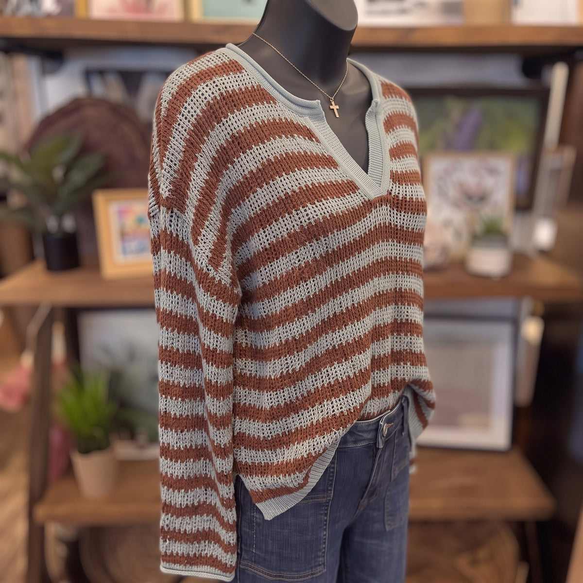 Stripe Raw Edge Split Neck Sheer Knit Sweater | Light Blue — Angled view on mannequin