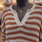 Stripe Raw Edge Split Neck Sheer Knit Sweater | Light Blue — Fabric and detail close-up