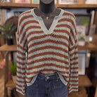 Stripe Raw Edge Split Neck Sheer Knit Sweater | Light Blue — Front view on mannequin