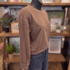 Washed Crew Neck Long Sleeve Knit Top | Brown — Angled view