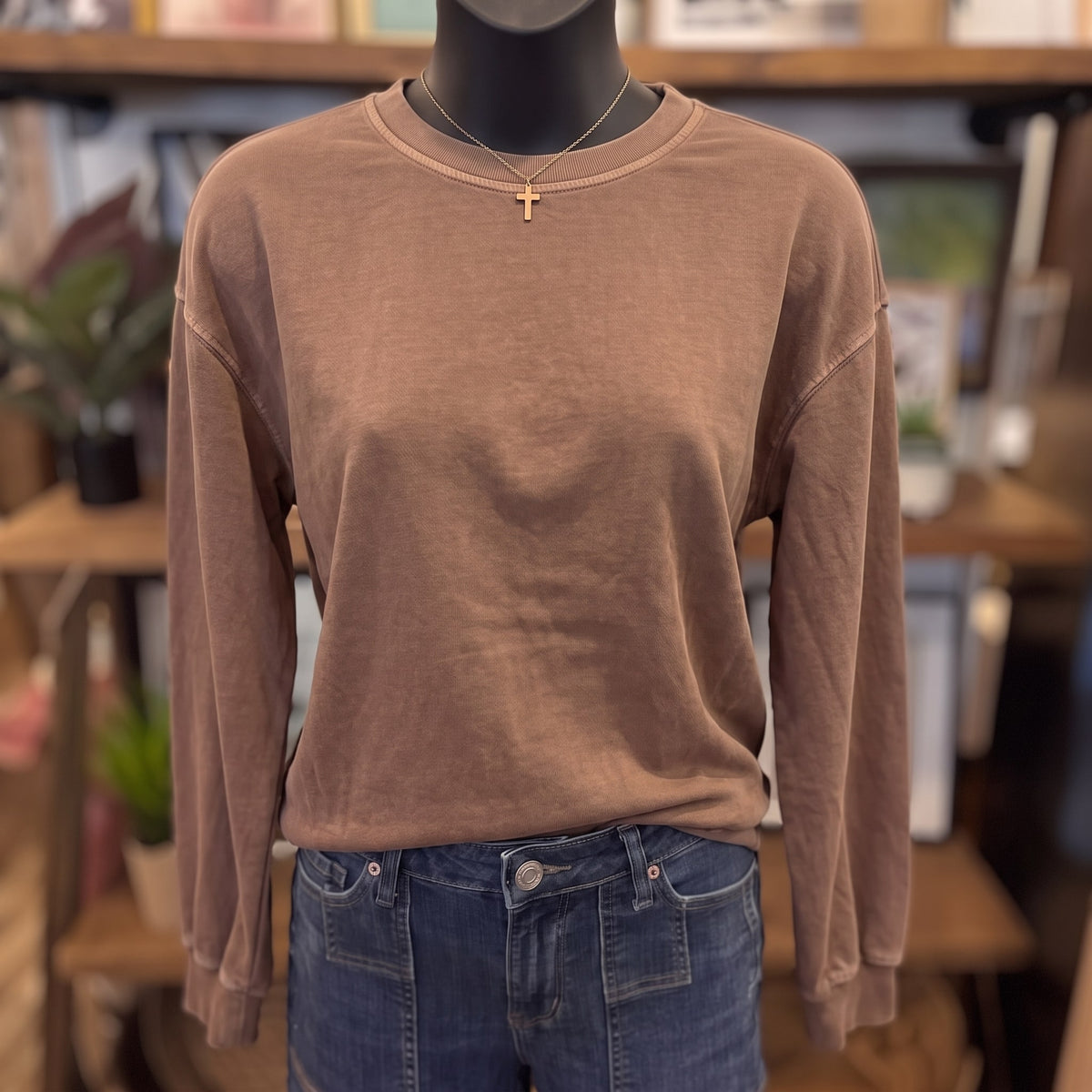 Washed Crew Neck Long Sleeve Knit Top | Brown — Front view
