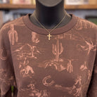 Western Print Crew Neck Long Sleeve Knit Top | Brown Multi — Fabric and detail close-up