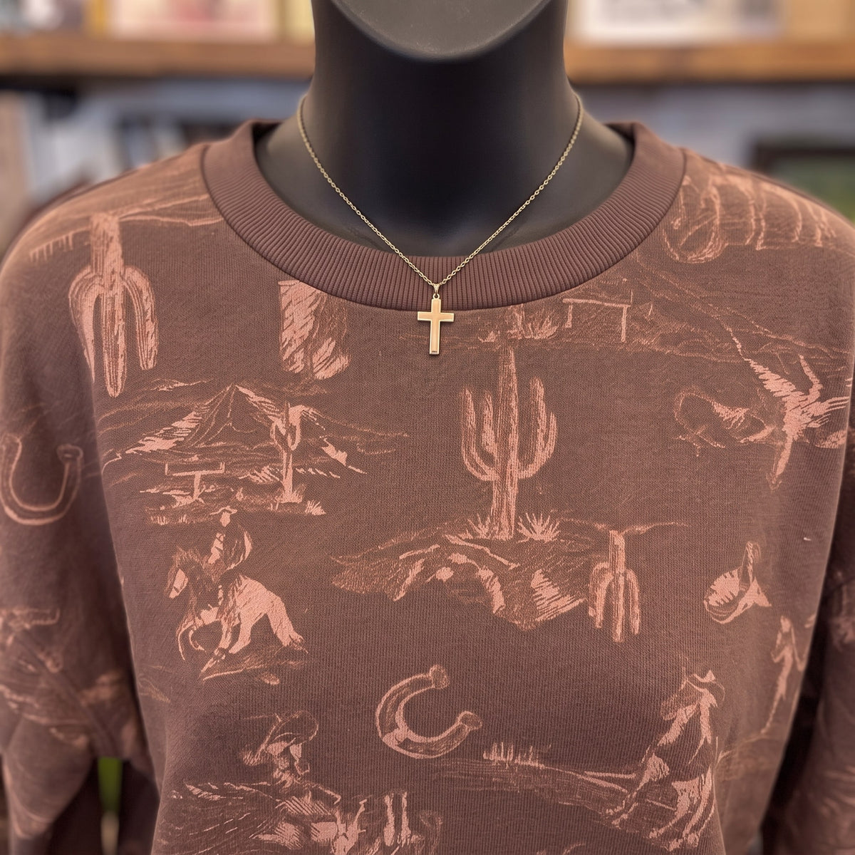 Western Print Crew Neck Long Sleeve Knit Top | Brown Multi — Fabric and detail close-up