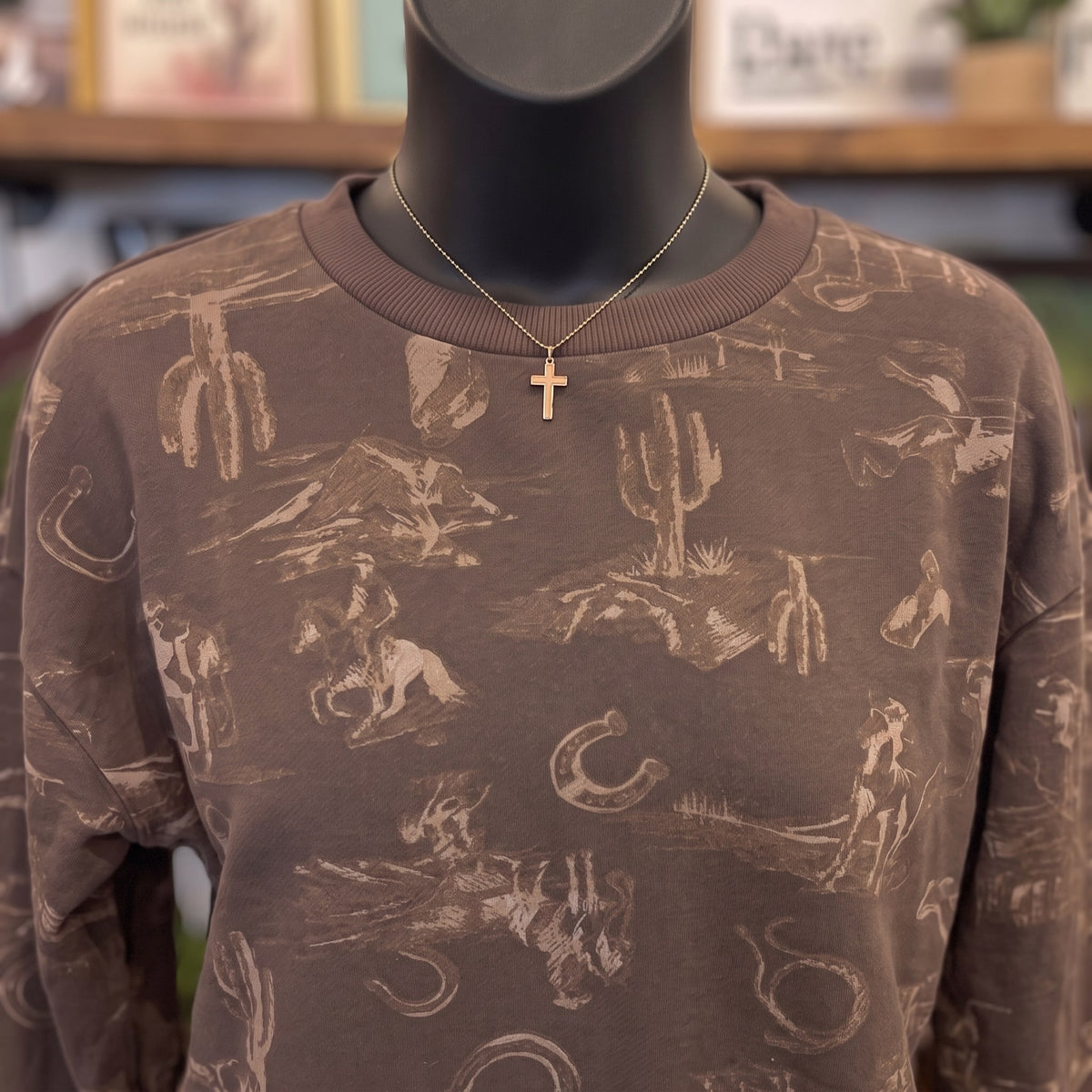 Western Print Crew Neck Long Sleeve Knit Top | Brown Multi — Detail close-up