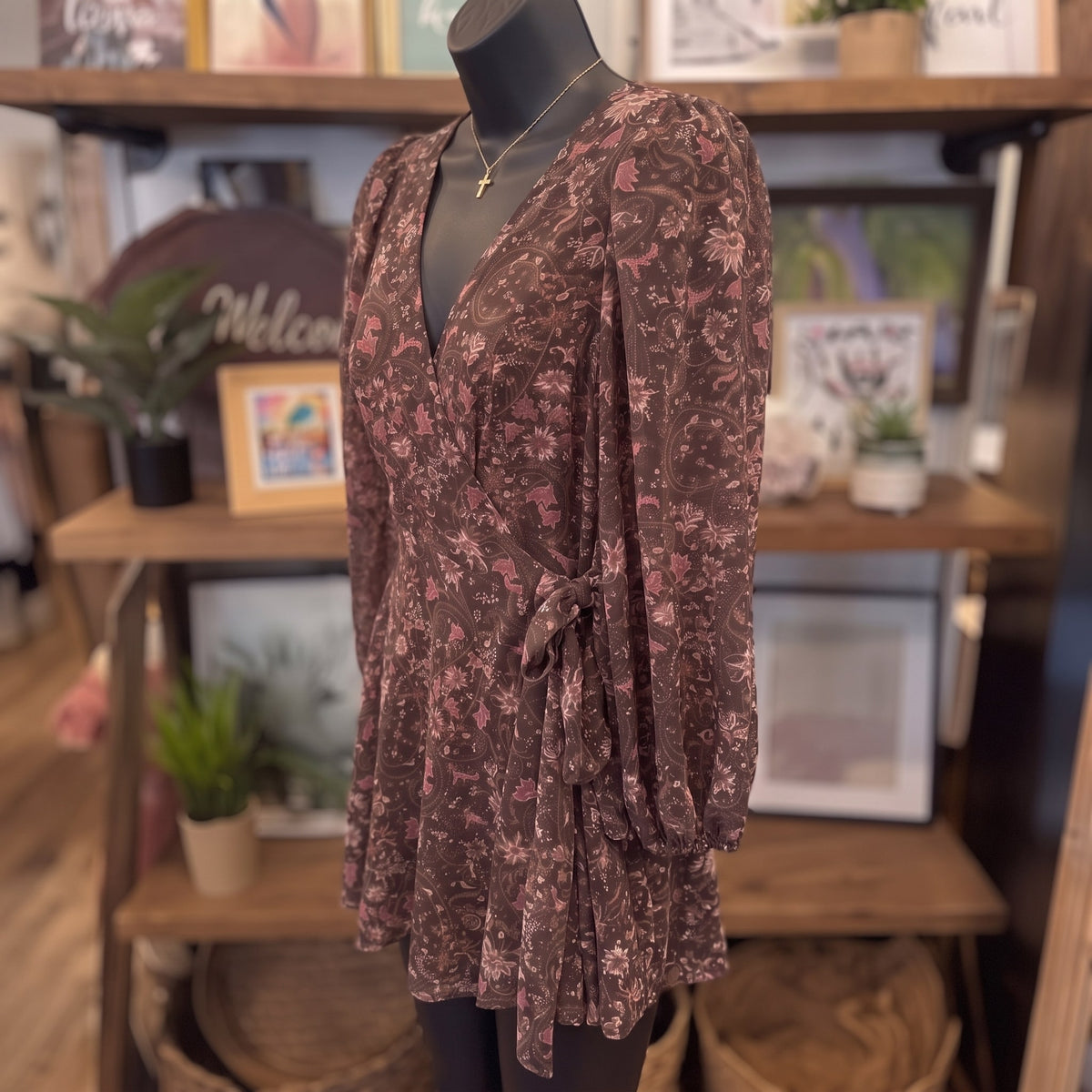 Floral Paisley Long Sleeve Wrap Mini Dress | Brown Multi — Angled view on mannequin