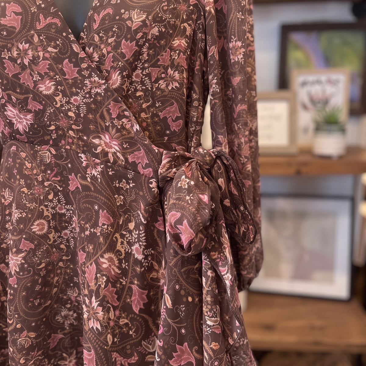 Floral Paisley Long Sleeve Wrap Mini Dress | Brown Multi — Fabric and detail close-up