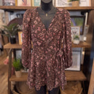 Floral Paisley Long Sleeve Wrap Mini Dress | Brown Multi — Front view on mannequin