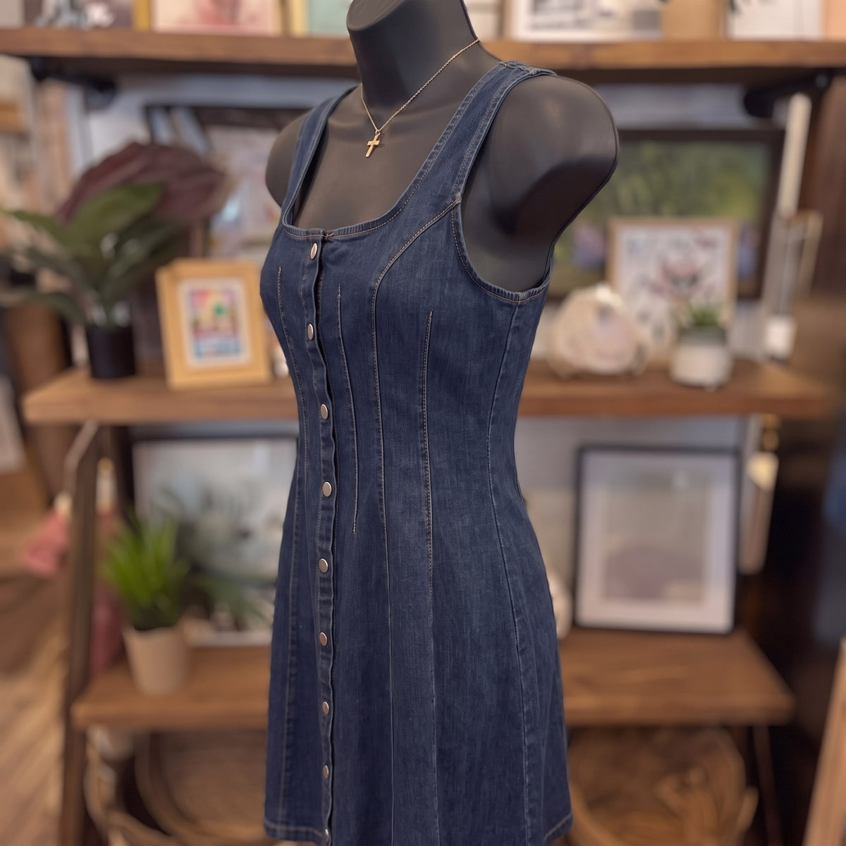 Button Down Seam Detail Denim Midi Dress | Denim — Angled view on mannequin