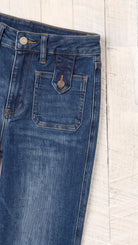 Judy Blue High Waisted LUX Retro Wide Leg Jeans with Front Patch Tab Closure | Dark Retro Fade Indigo — Front pocket detail