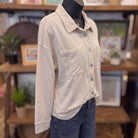 Be Cool Denim Look Shacket | Ecru — Angled view on mannequin